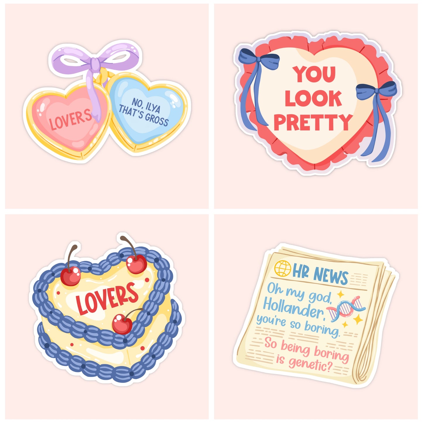 Illustrated Heated Rivalry sticker collection featuring candy heart quotes, a “You look pretty” heart, a lovers cake, and a humorous HR News newspaper.