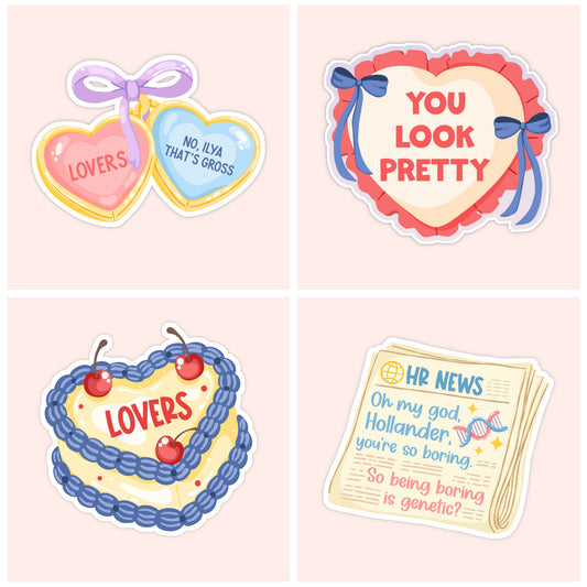 Illustrated Heated Rivalry sticker collection featuring candy heart quotes, a “You look pretty” heart, a lovers cake, and a humorous HR News newspaper.