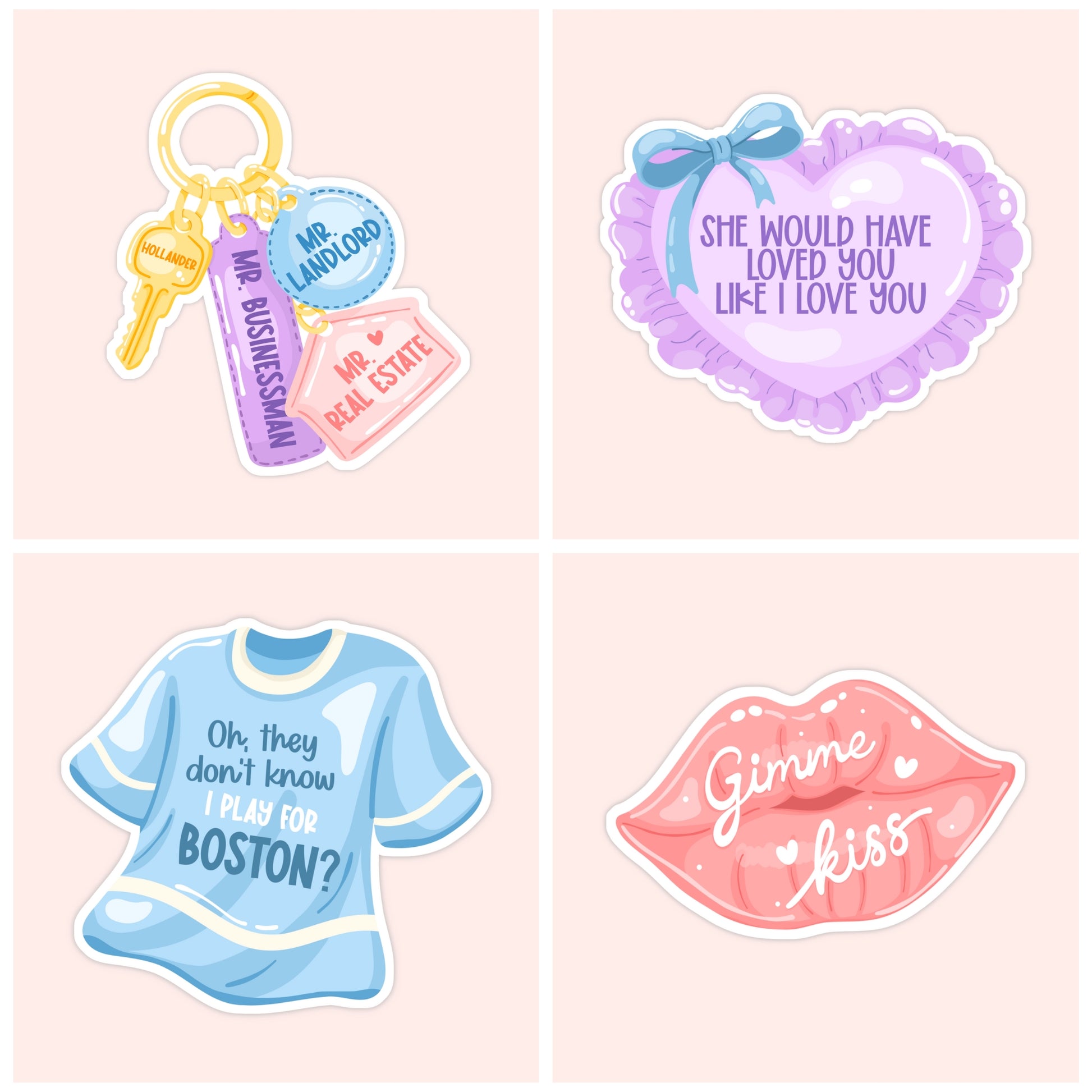 Illustrated Heated Rivalry sticker collection featuring a blue Boston hockey quote shirt and pink lips with the text “Gimme kiss.”