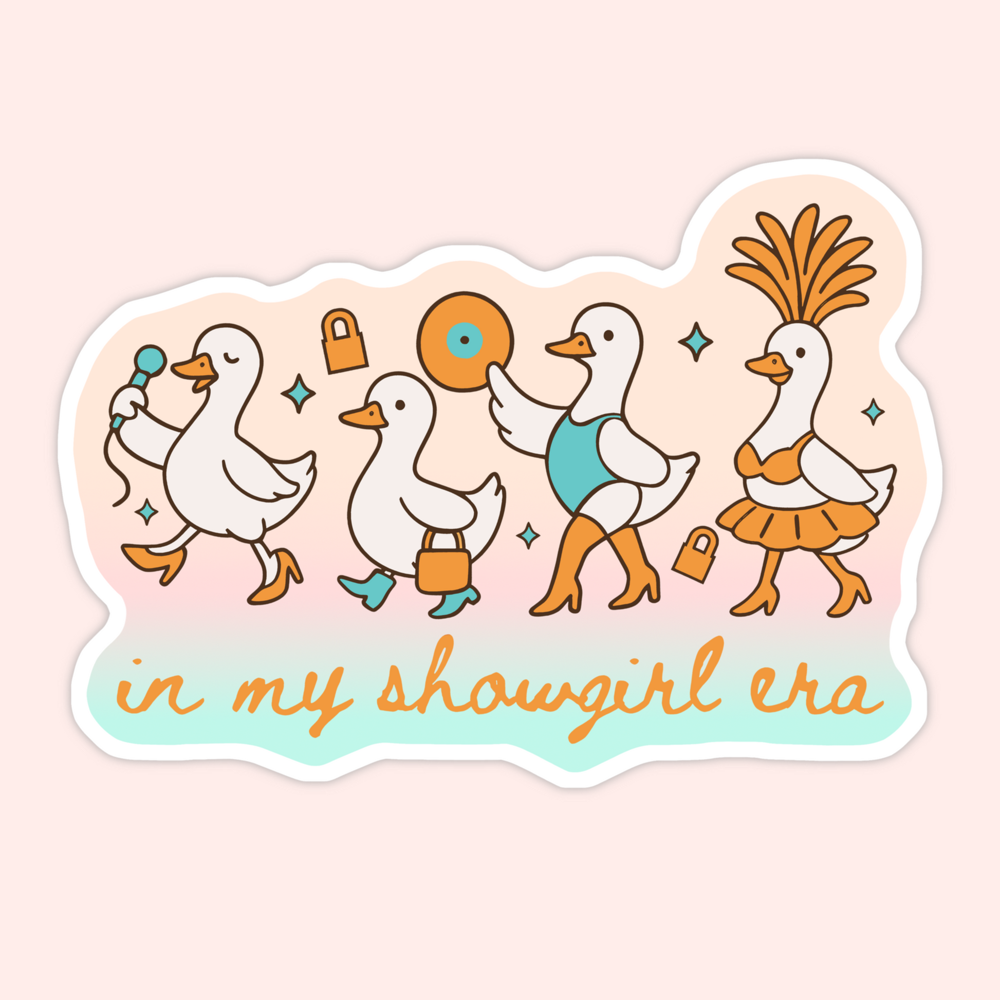 Illustrated line of stylish geese in outfits and heels with the phrase “in my showgirl era” in playful script.