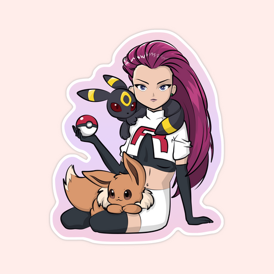 Sticker of an anime-style girl with long pink hair holding a Pokéball, with an Umbreon on her shoulder and an Eevee at her feet.