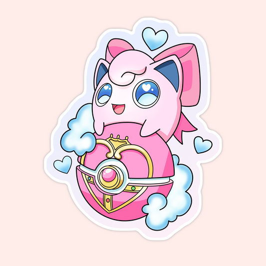 Cute pink character sitting on a magical pink heart-shaped object with clouds and blue hearts around it.