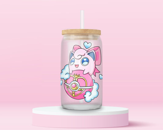 glass tumbler with Jigglypuff holding a Sailor Moon-inspired heart wand, surrounded by clouds and hearts.