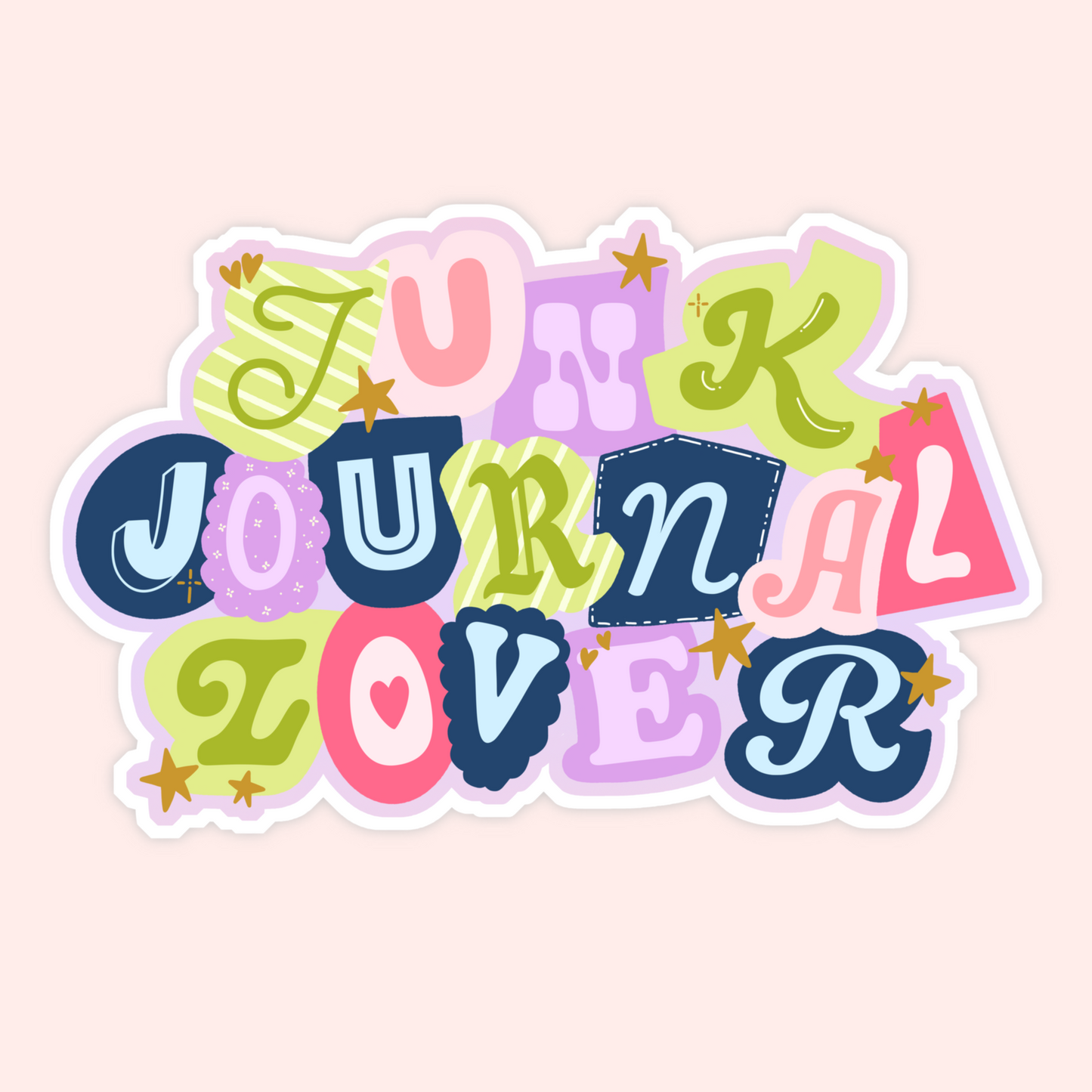 Colourful junk journal lover sticker with mixed playful lettering, stars, and scrapbook-inspired details.
