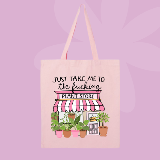 Plant lover tote bag with illustrated plant store storefront and potted plants.