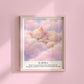 Taylor Swift Karma inspired art print featuring a sleeping kitten on pastel clouds with a soft pink aesthetic