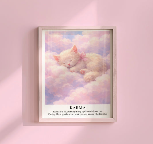 Taylor Swift Karma inspired art print featuring a sleeping kitten on pastel clouds with a soft pink aesthetic
