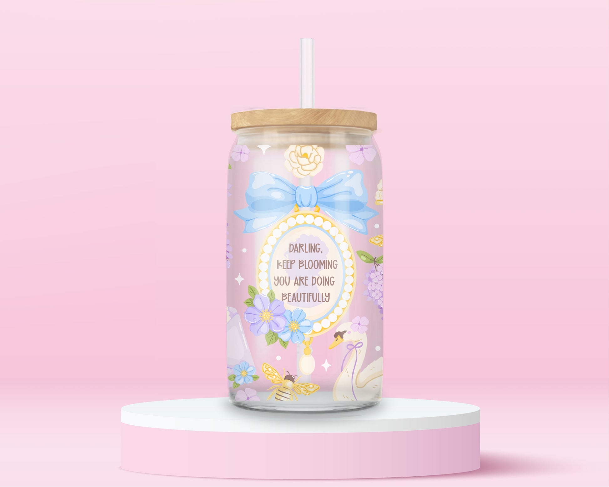 Floral affirmation glass can tumbler with bows, swans, bees, flowers, and mirror design reading darling keep blooming you are doing beautifully.