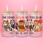 16oz glass tumbler with cats dressed as classic horror movie villains and Killer Kitties Club text