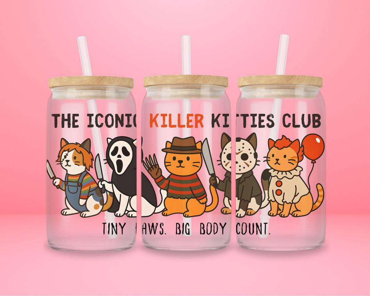 16oz glass tumbler with cats dressed as classic horror movie villains and Killer Kitties Club text