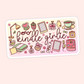 Cute Kindle girlie sticker with e-readers, cozy bed, pillow, lamp, tea cup, candle, bows, flowers, and bookish pink details.