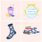 Illustrated Heated Rivalry sticker collection featuring character-inspired items including a blueberry smoothie, sunshine quote, hockey socks, and a hockey romance book stack.