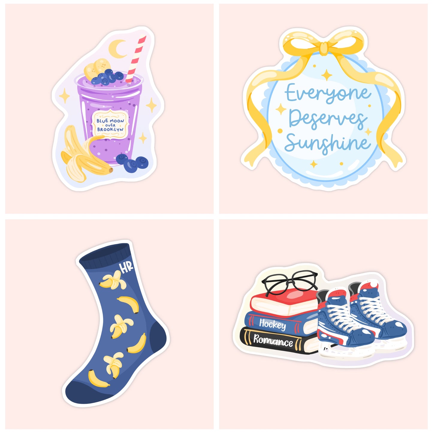 Illustrated Heated Rivalry sticker collection featuring character-inspired items including a blueberry smoothie, sunshine quote, hockey socks, and a hockey romance book stack.