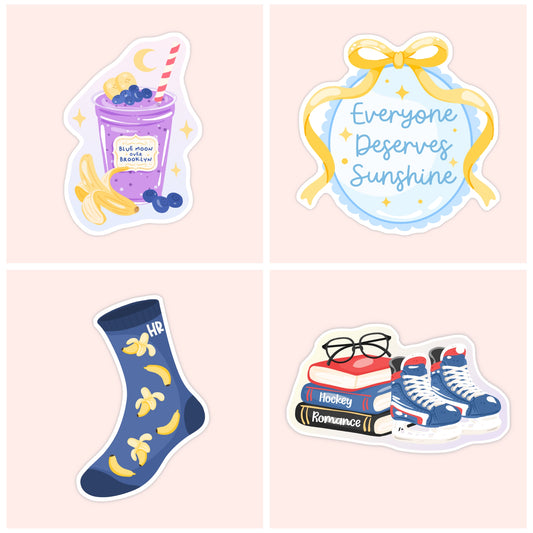 Illustrated Heated Rivalry sticker collection featuring character-inspired items including a blueberry smoothie, sunshine quote, hockey socks, and a hockey romance book stack.
