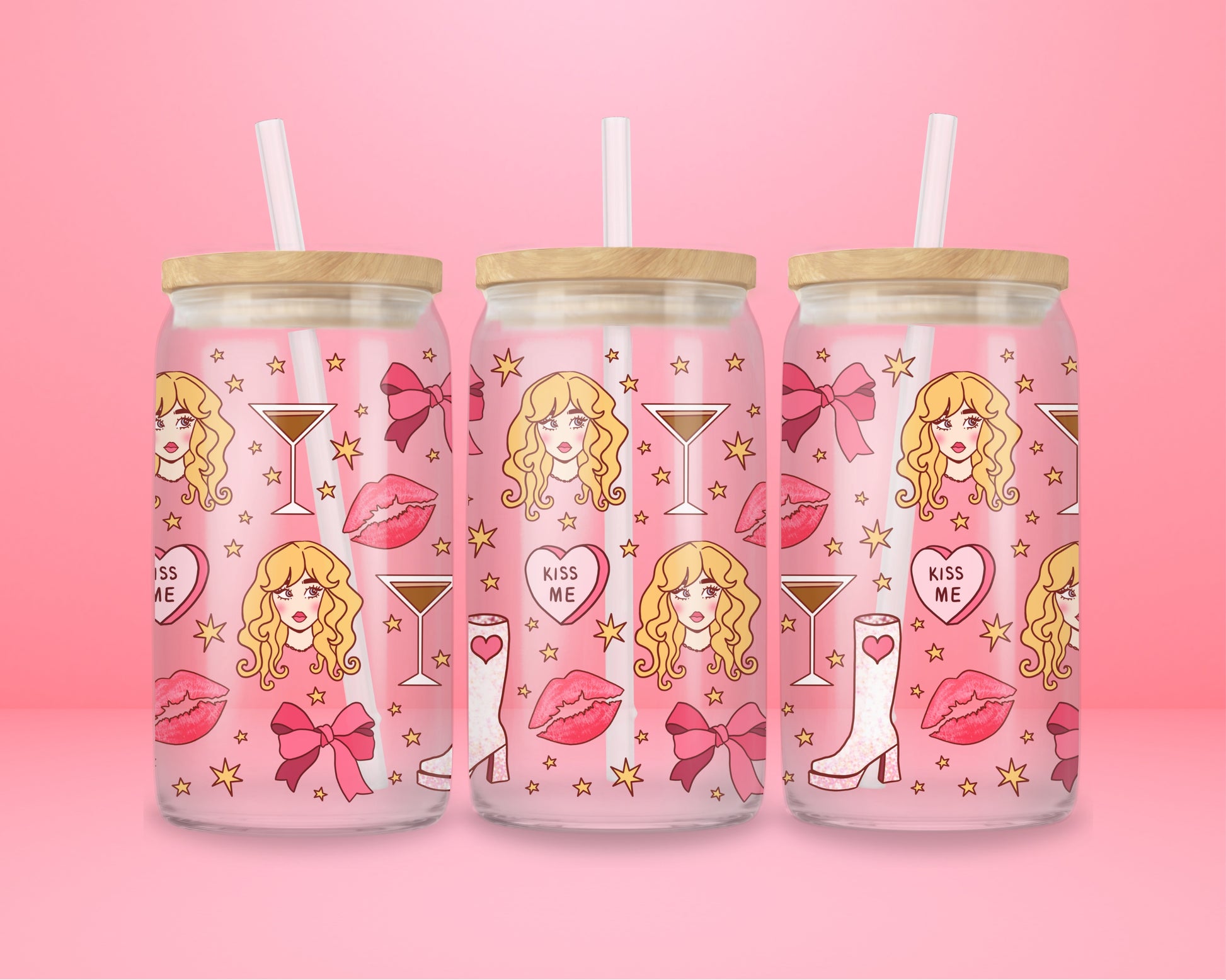A girly pink glass cup featuring a blonde glam girl, pink bows, martinis, lipstick kisses, stars, and “kiss me” hearts — Sabrina Carpenter vibes all the way.