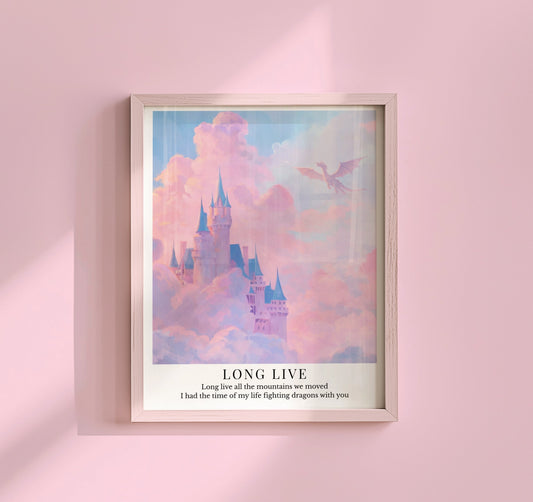 Taylor Swift Long Live inspired art print featuring a pastel castle in the clouds with a dreamy fantasy aesthetic