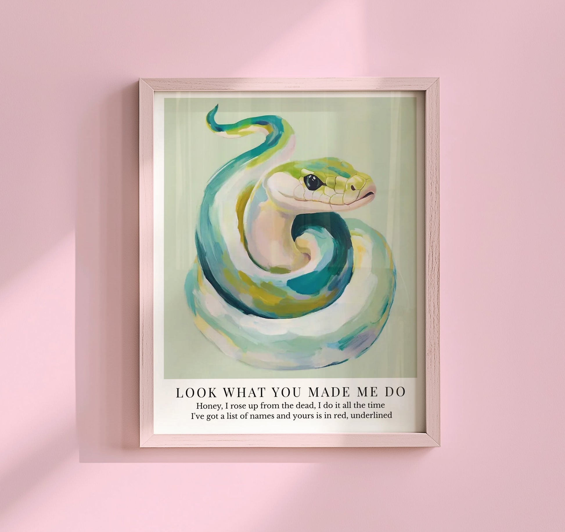 Taylor Swift Look What You Made Me Do inspired art print featuring a stylized snake with soft pastel tones