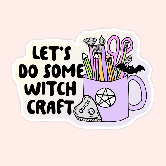 Sticker of a purple mug with art supplies, a bat, and the words “Let’s do some witch craft.”