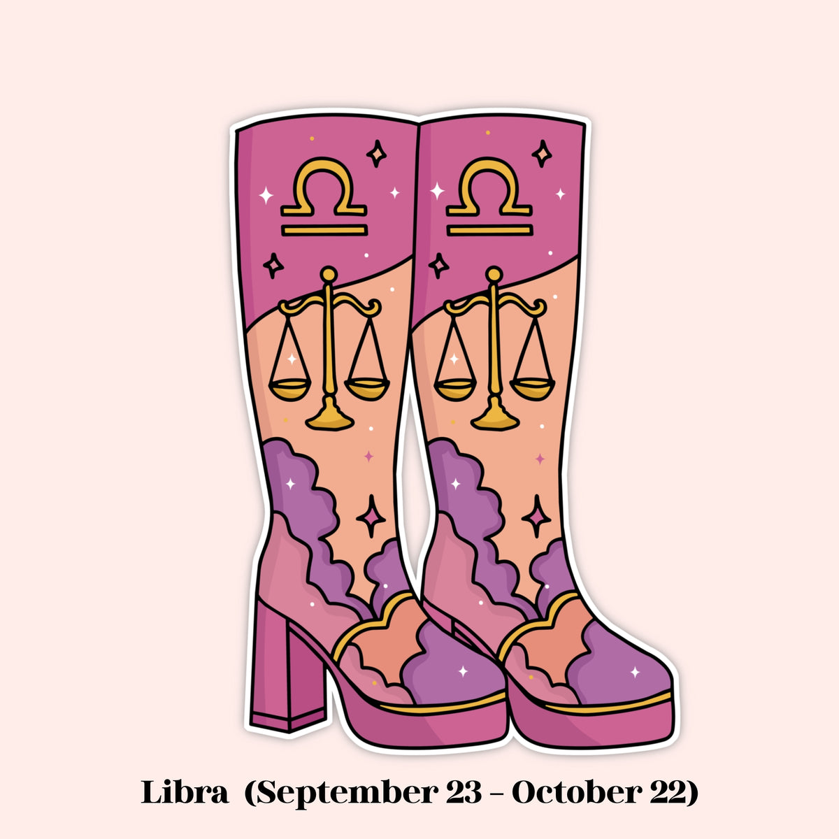 A stylized illustrated pair of tall heeled boots with a Libra zodiac theme, shown on a pale pink background. The boots are pink and peach with purple cloud-like patterns and gold Libra symbols, including the Libra zodiac sign and scales of justice.