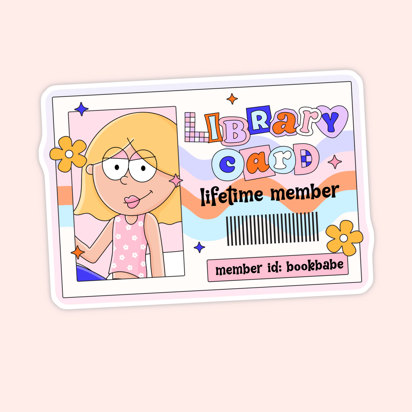 Lizzie-inspired library card sticker with colourful letters, a barcode, and the text “lifetime member” and “member id: bookbabe.”