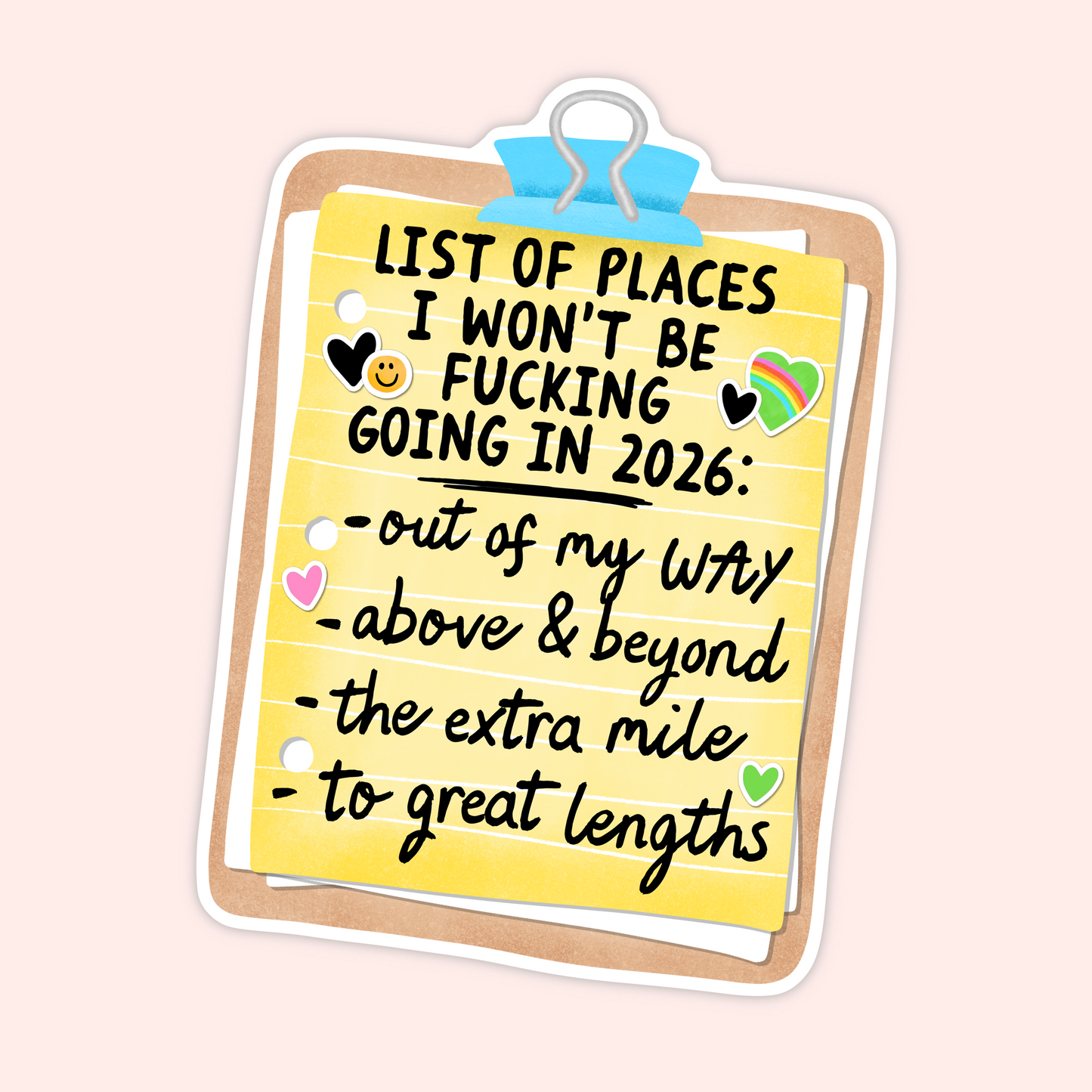 Yellow notepad style sticker with text that reads “List of places I won’t be fucking going in 2026” followed by phrases like out of my way, above & beyond, the extra mile and to great lengths.