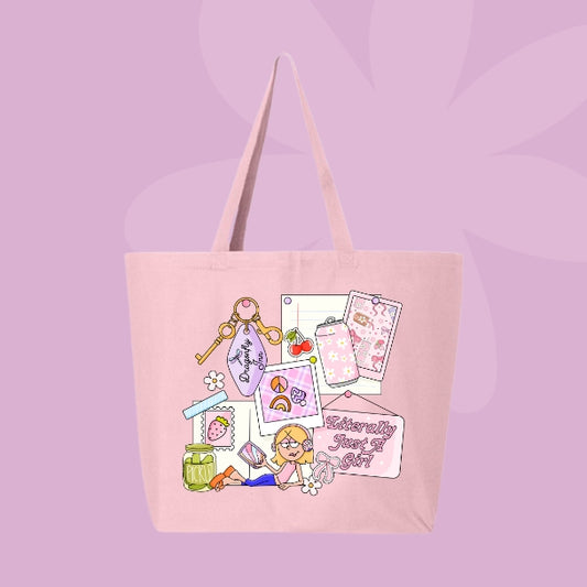 Pink tote bag with a collage design featuring girly items like a motel keychain, pickles, Polaroids, and text that says “Literally Just a Girl.”