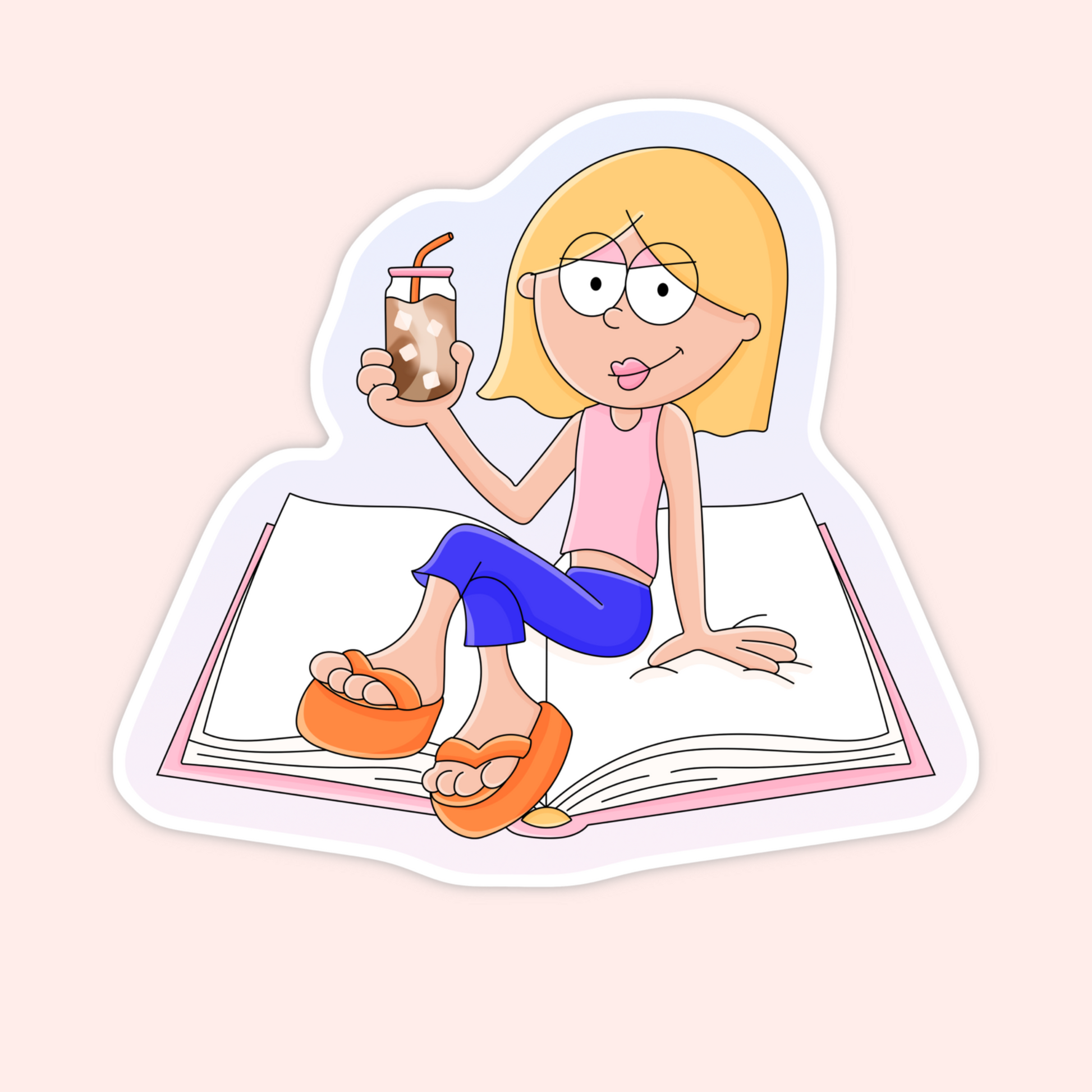 Lizzie McGuire-inspired blonde cartoon girl sitting on an open book holding an iced coffee with pink and orange details.