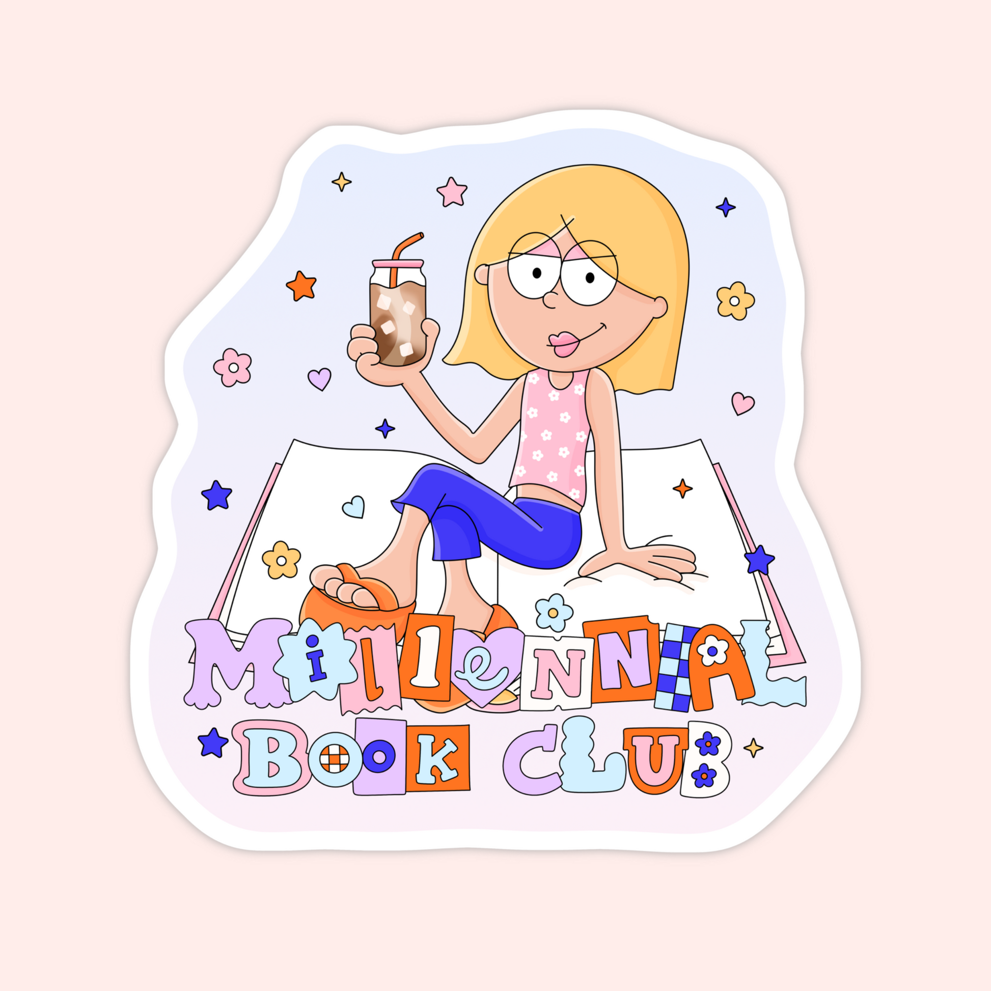 Lizzie McGuire-inspired blonde cartoon girl sitting on an open book holding an iced coffee with colourful letters spelling “Millennial Book Club.”