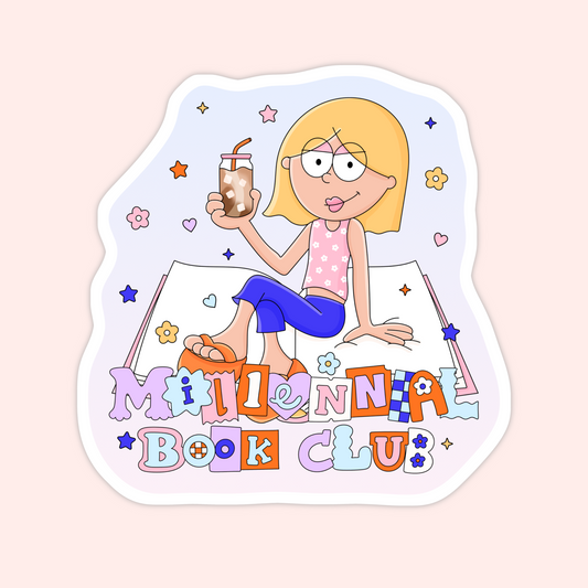Lizzie McGuire-inspired blonde cartoon girl sitting on an open book holding an iced coffee with colourful letters spelling “Millennial Book Club.”