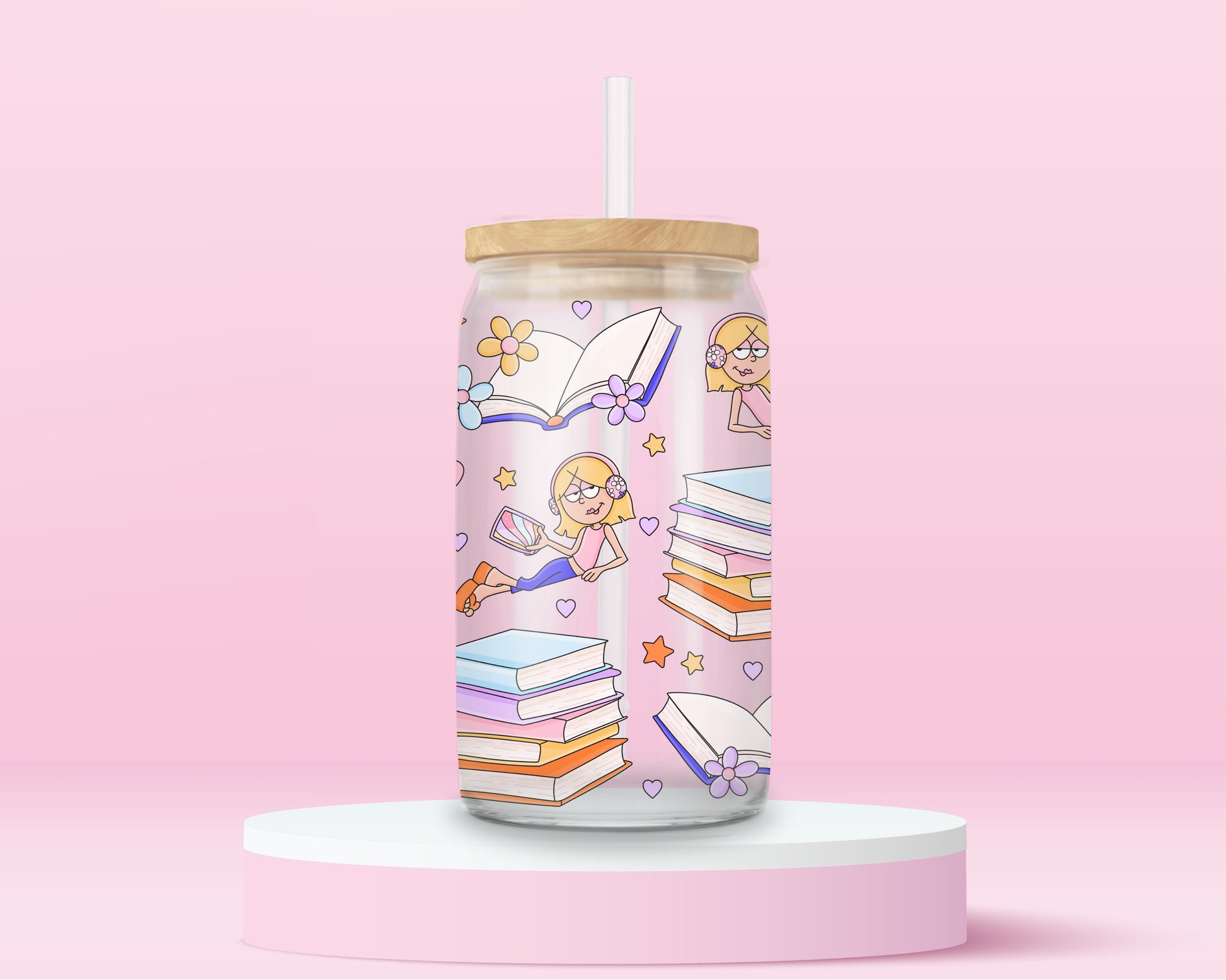 Pink glass tumbler with cartoon Lizzie McGuire reading, surrounded by stacks of pastel books, open pages, hearts, flowers, and stars — perfect for your inner Y2K bookworm.