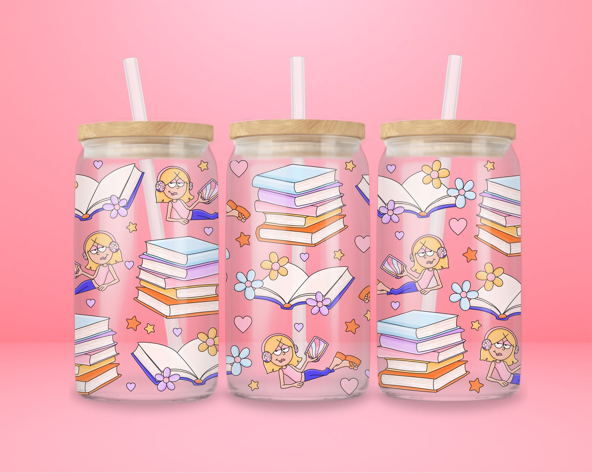 Pink glass tumbler with cartoon Lizzie McGuire reading, surrounded by stacks of pastel books, open pages, hearts, flowers, and stars — perfect for your inner Y2K bookworm.