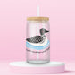 Double-sided Heated Rivalry inspired glass can tumbler featuring a wolf on one side and a Canadian loon illustration on the other.