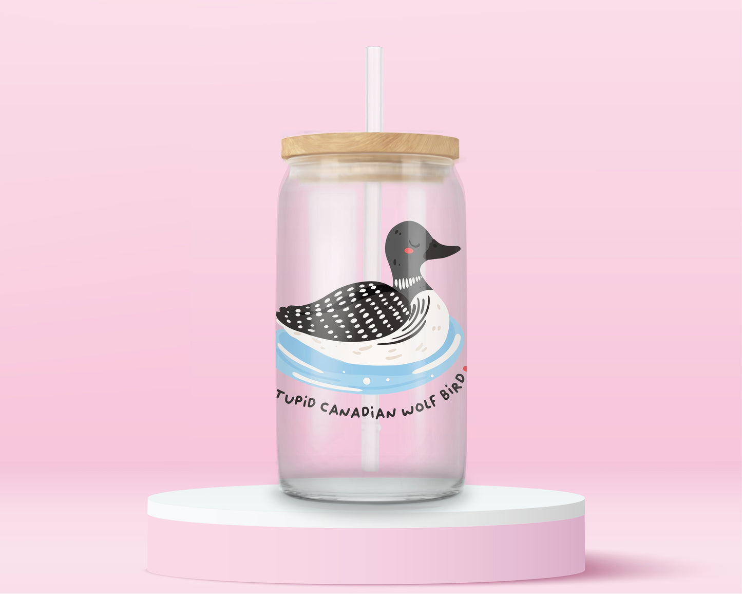 Double-sided Heated Rivalry inspired glass can tumbler featuring a wolf on one side and a Canadian loon illustration on the other.