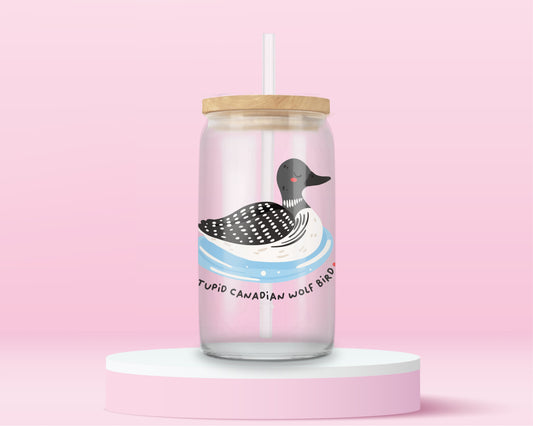 Double-sided Heated Rivalry inspired glass can tumbler featuring a wolf on one side and a Canadian loon illustration on the other.