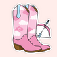 A die-cut sticker featuring a pair of pink cowboy boots with a white and pink cloud pattern, brown heels, and light blue pull tabs, shown with a matching bow and arrow graphic on a pale pink background.