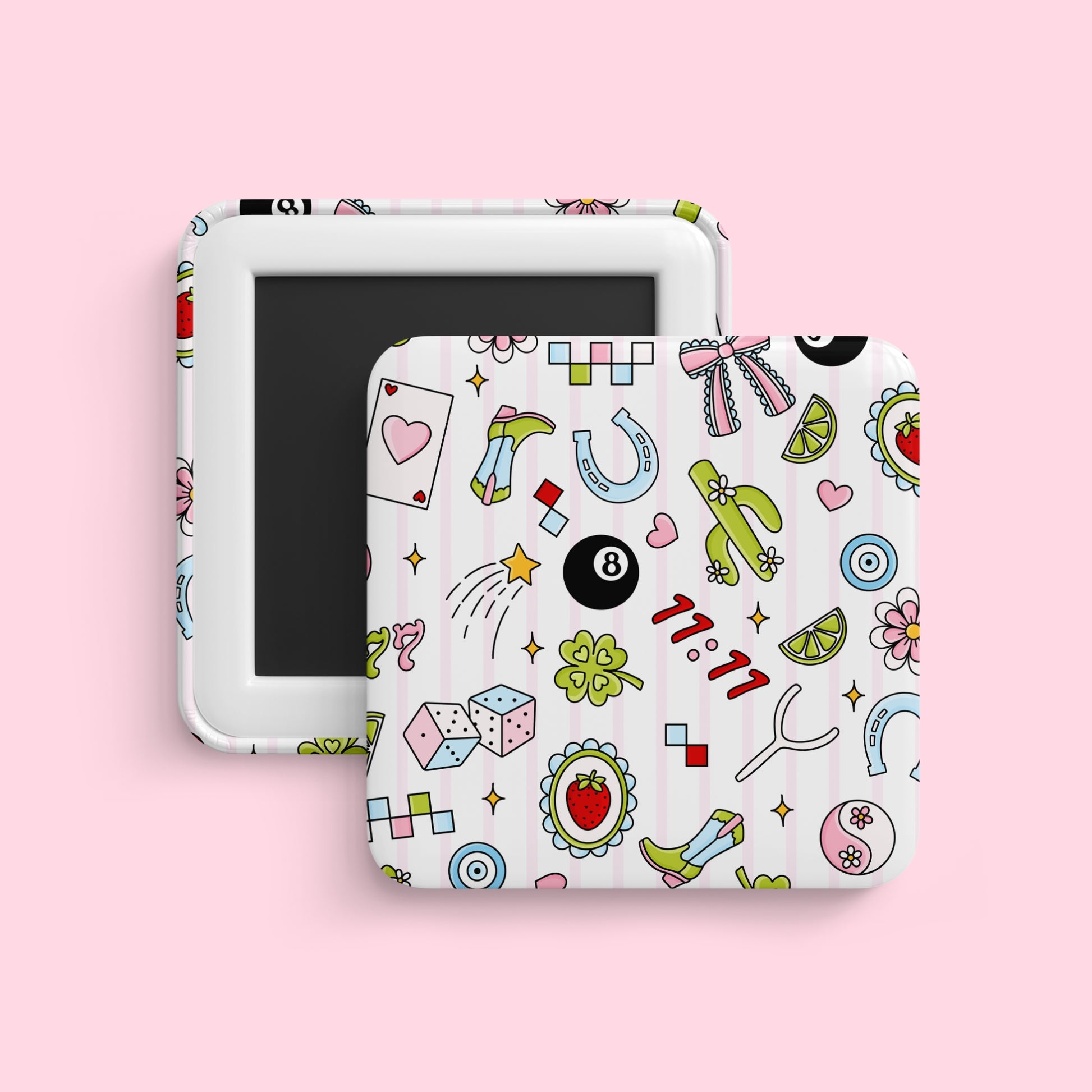 Lucky girl magnet with charm pattern including horseshoes, clovers, dice and girly icons