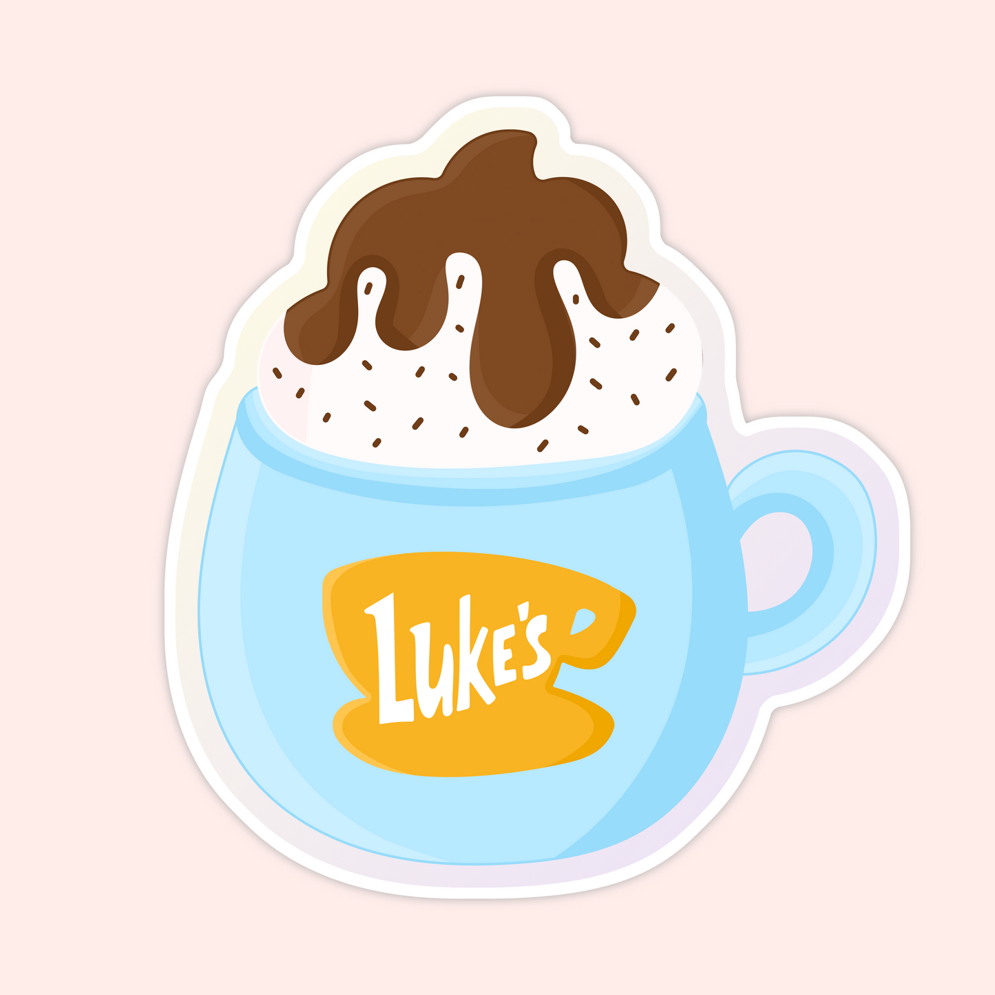 A cozy illustrated vinyl sticker featuring a Luke’s-inspired hot chocolate mug topped with whipped cream. Perfect for winter vibes, coffee lovers, and Gilmore Girls fans.