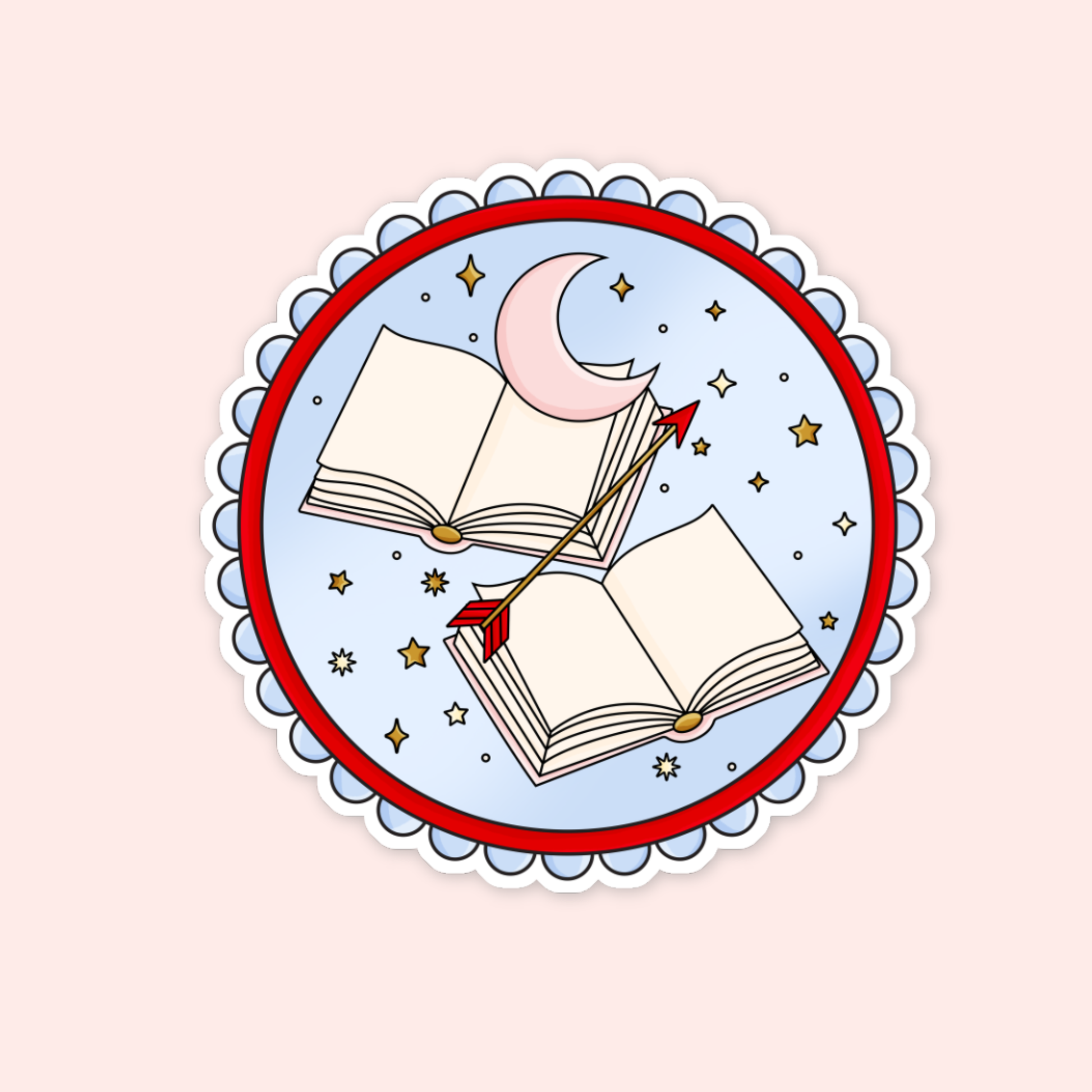 Bookish sticker with open books, a crescent moon, arrow, stars, and a red scalloped oval frame.