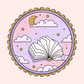 Pastel purple sky with stars and an open book surrounded by clouds and a crescent moon.