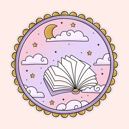 Pastel purple sky with stars and an open book surrounded by clouds and a crescent moon.