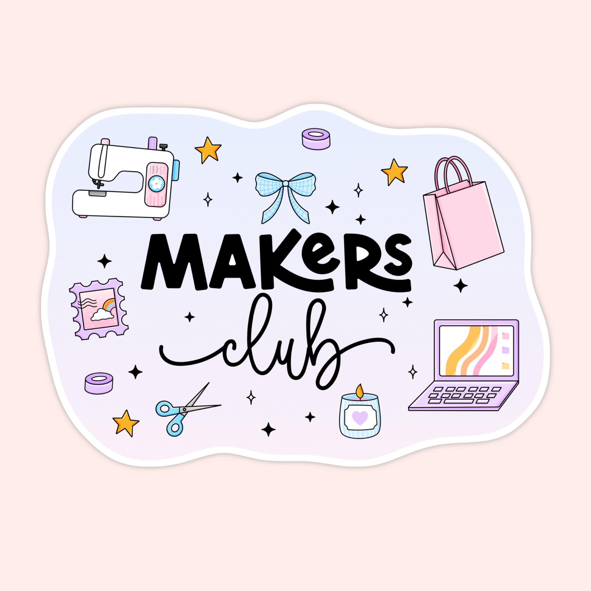Makers Club sticker with a sewing machine, scissors, candle, laptop, shopping bag, washi tape, stars, and creative small business details.