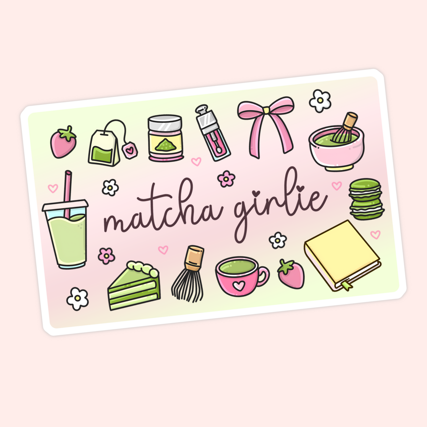 Cute matcha girlie sticker with matcha latte, tea bag, matcha powder, bow, whisk, mug, cake, macarons, strawberries, and pastel green details.