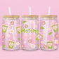 glass tumbler with repeating matcha drink cups tied in bows, floral accents, and large text “Matcha Girly.”