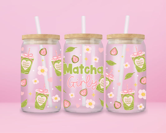 glass tumbler with repeating matcha drink cups tied in bows, floral accents, and large text “Matcha Girly.”