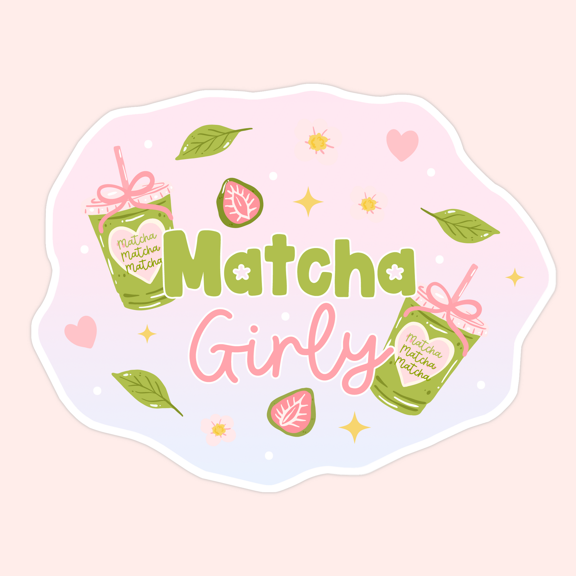 Pastel pink and green sticker with iced matcha drinks, hearts, sparkles, and the words “Matcha Girly.”
