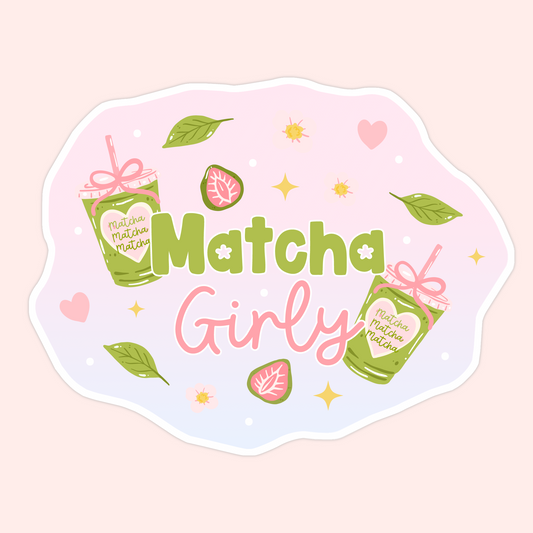 Pastel pink and green sticker with iced matcha drinks, hearts, sparkles, and the words “Matcha Girly.”