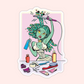 Funny Medusa sticker showing Medusa styling her snake hair with beauty products, makeup, brushes, and hair tools.