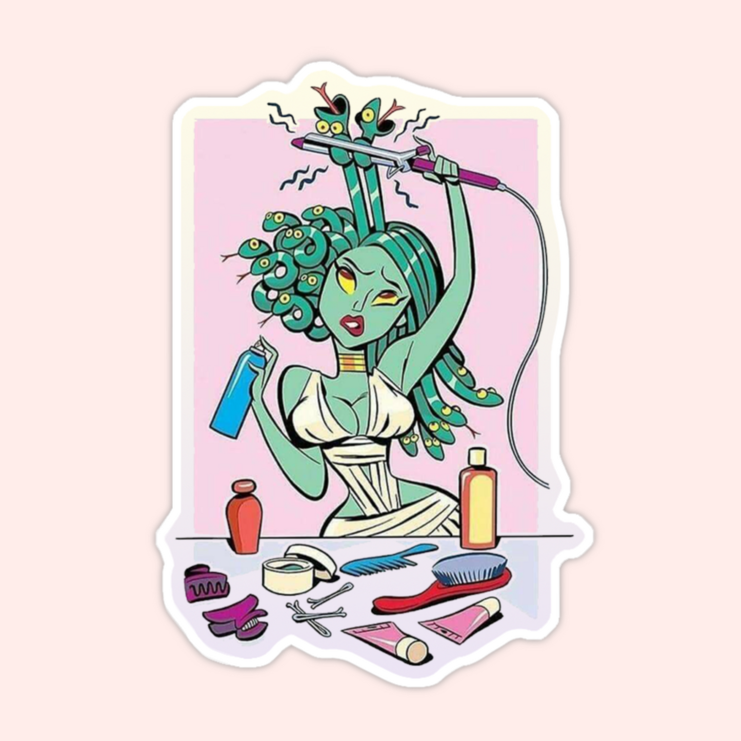 Funny Medusa sticker showing Medusa styling her snake hair with beauty products, makeup, brushes, and hair tools.