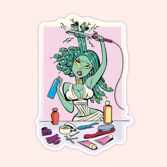 Funny Medusa sticker showing Medusa styling her snake hair with beauty products, makeup, brushes, and hair tools.