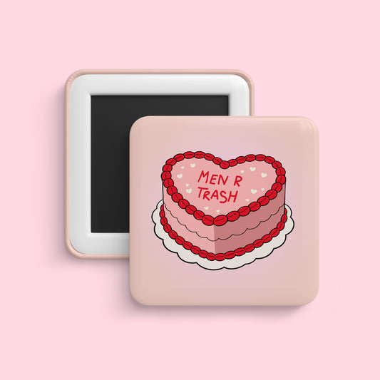 Men are trash cake magnet with pink heart cake and bold feminist phrase